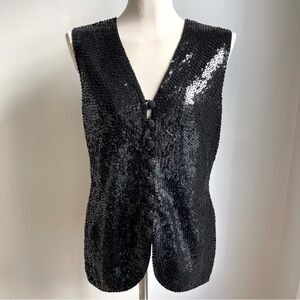 Vintage 1960s Valentina Black Sequin Vest Beaded Embellished Wool Cocktail Large